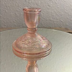 Vintage Pink Glass Candle Holder with Floral Design